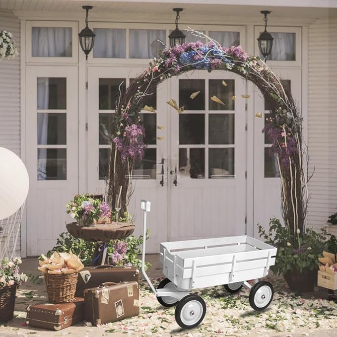 All-Terrain Cargo Wagon - White Flower Girl Wagon Pull Along with Removable Wooden Side Panels, Big Tires and Wide Grip Handle for Weddings, 33' L x 15.7' W x 19.6' H