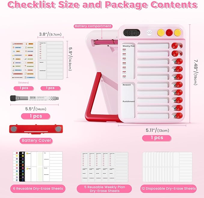 Magnetic Chore Chart for Kids with Time Timer, 99-Min Countdown/Up Visual Timer, Dry-Erase Reward Chart with Sliders, to Do List & Routine Checklist, Visual Schedule Board for ADHD & Autism (Pink)