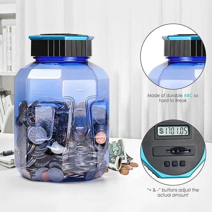 X-Large Piggy Bank for Adults Kids, Vcertcpl Digital Coin Counting Bank with LCD Counter, 2.4L Capacity, Great Coin Counter Bank Money Counting Jar with Total Amount Displayed (Blue2, X-Large)