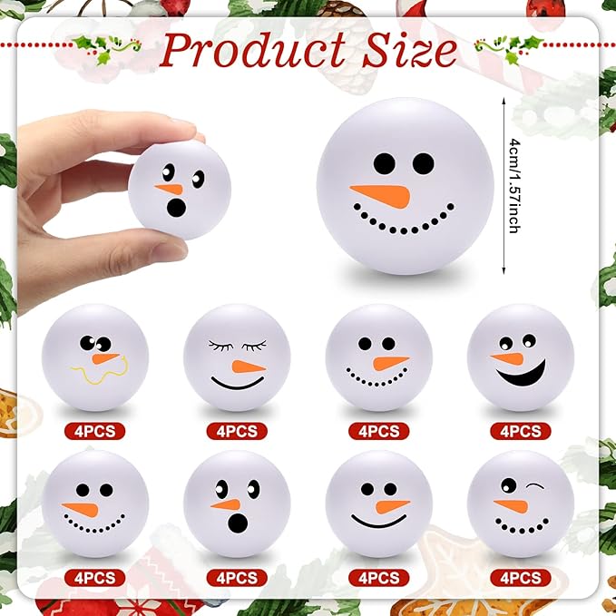 Zhanmai 32 Pcs Christmas Snowmen Stress Balls Bulk Small Snowball Face Relief Squeeze Crafts for Winter Party Favors Xmas Stocking Stuffers Gift Goodie Bag Fillers Holiday Decorations (1.6 Inch)