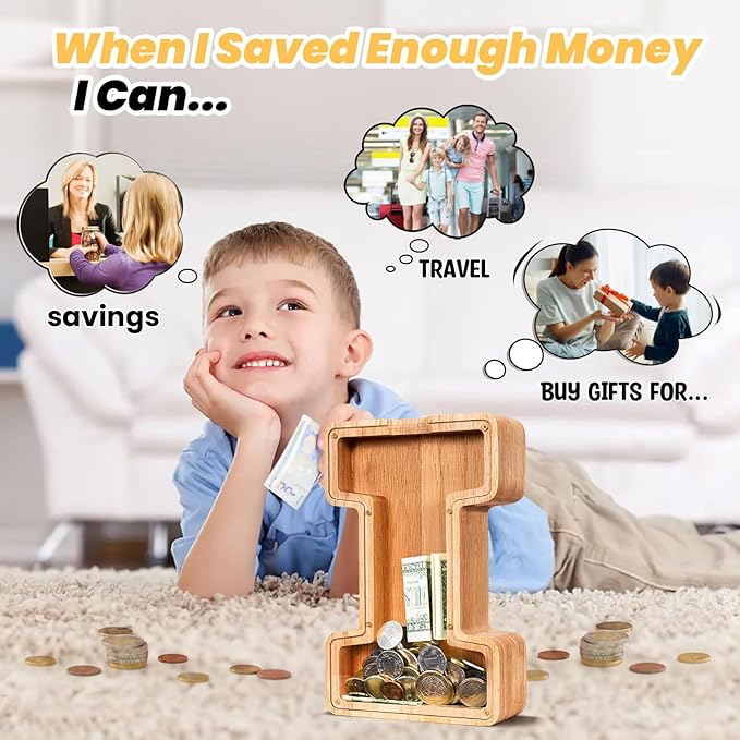 KMC Wooden Letter Piggy Bank, Personalized Initial Piggy Bank for Kids Boys, Clear Alphabet I Wood Money Box, Unbreakable Coin Saving Jar, Birthday, for Children