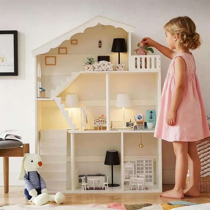 Wooden Dollhouse Bookshelf 3-Tier Doll House Bookcase Kids Books Toys Dolls Storage Organizer Shelves for Children's Bedroom Playroom Kindergarten Nursery Gift for Boys Girls Ages 3-8 Years Old