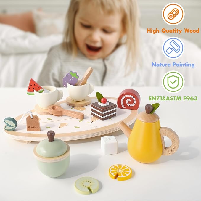 PairPear Wooden Tea Party Set for Little Girls 20pcs Pretend Play Fruit Tea Set with Pear Teapot, Dessert & Citrus Slices, Kids Kitchen Accessories Wooden Toys Food for Toddlers & Kids 3+