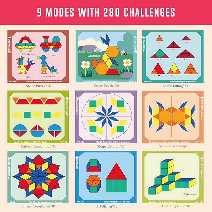 288 PCS Wooden Magnetic Pattern Blocks Set – Montessori Tangram Puzzle with Pattern Cards & Storage Bag | Preschool Montessori Brain Teaser, STEM Gift for 3-8 Years Old Toddler Kids