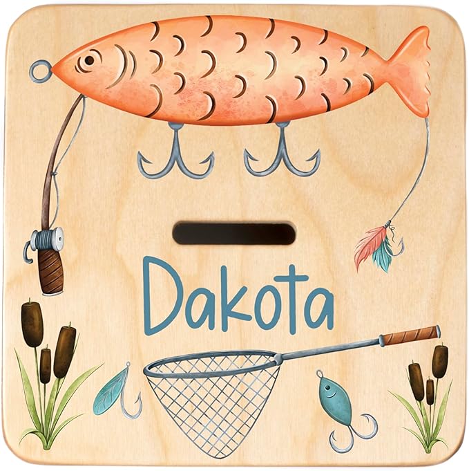 Wooden Piggy Bank for Kids and Adults, Personalized Gift Handmade in USA by BloomOwl, Custom Piggy Bank, Personalized Banks for Kids, Gifts for Baby Boys and Girls (Fishing)
