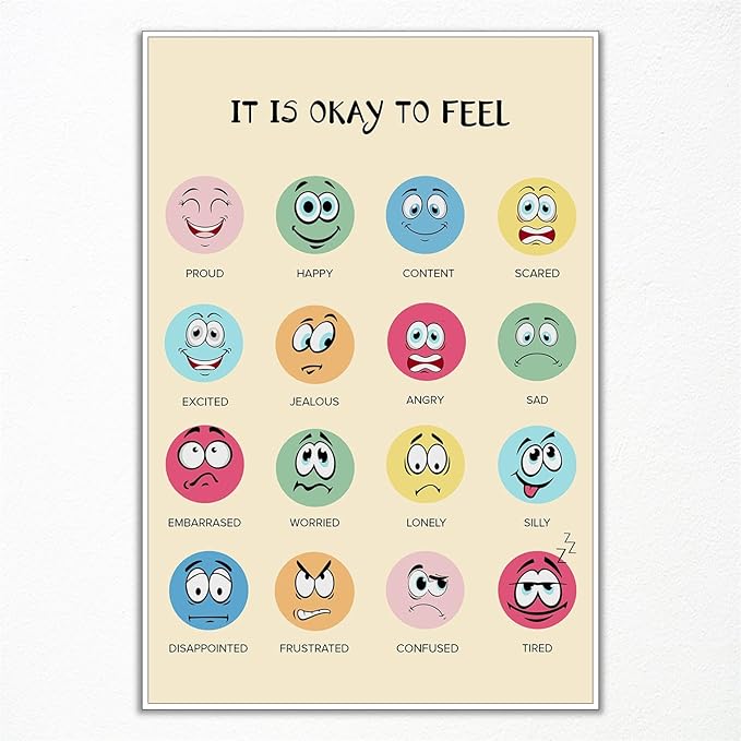 xbsifyiooa Feelings Chart Poster, Calming Corner Poster, Preschool Classroom Must Haves for Kids, Mental Health Posters, It Is Okay To Feel Emotions Poster, Therapist Office Wall Art 12x16in Unframed