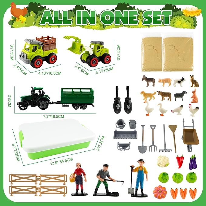 MYDOVA Farm Sensory Bin Sandbox Toys, Play Sand Farm Toys with 2.2lbs Play Sand, Farm Figures and Animals, Vegetables & Tractor Playset, Birthday Gift for Kids 3 4 5 6 7 8+ Years Old Boys Girls