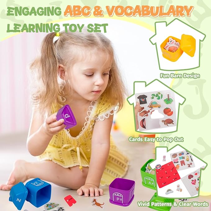 Alphabet Learning Toys for Kids 3+―ABC Barn Sorters with 260 Flash Cards, Montessori Preschool Learning Activities, Uppercase & Lowercase Letter Color Sorting and Matching Educational Game for Toddler