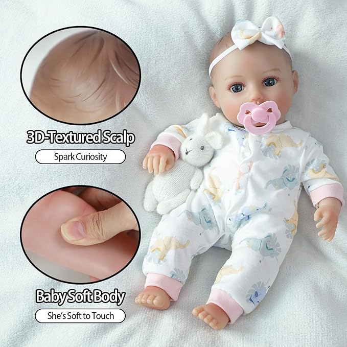 SCOM First Baby Doll Girl - 16 inch Realistic Soft Doll with Accessories, Silicone Real Lifelike Baby with Cloth Body & Vinyl for Kids 3 4 5 6 + Year Old Gifts