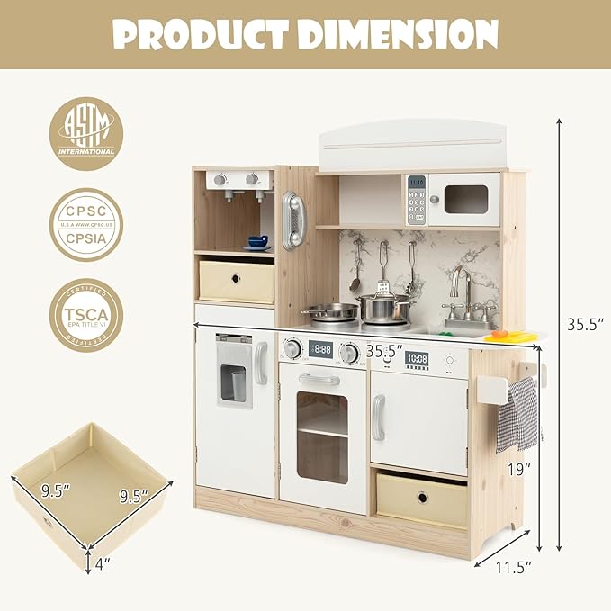 HONEY JOY Kids Kitchen Playset with Lights, Wooden Little Chef Toy Kitchen Set w/2 Storage Bins, Coffee Maker & Microwave & Ice Maker & Oven, Play Kitchen for Toddlers, Gift for Boys Girls (Natural)