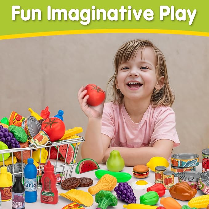 55 Pcs Grocery Store Pretend Play Food Set with Shopping Basket for Kids Toddlers 1-3 4-8, Kids Play Kitchen Accessories Plastic Fake Food Fruits and Vegetables Can Toy Gifts for Boys Girls