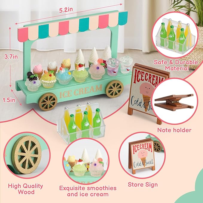 Mini Ice Cream Toy Sets for Play Kitchen - Miniature Food Truck with Wooden Cart, 7 Smoothies, Cones & Drink Bottles for Dollhouse Decor, Food & Accessories, Role Play Birthday Gift for Girls & Boys