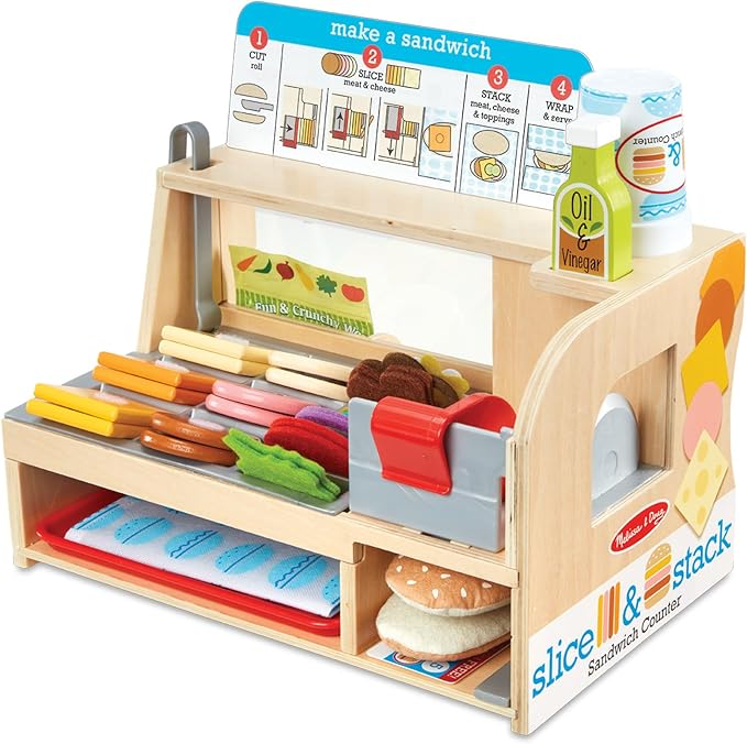 Melissa & Doug Slice-Stack-Serve, Wooden Sandwich Counter Pretend Play Store with Play Food Toys, Play Money & Deli Slicer, Preschool Toys for Kids 3+