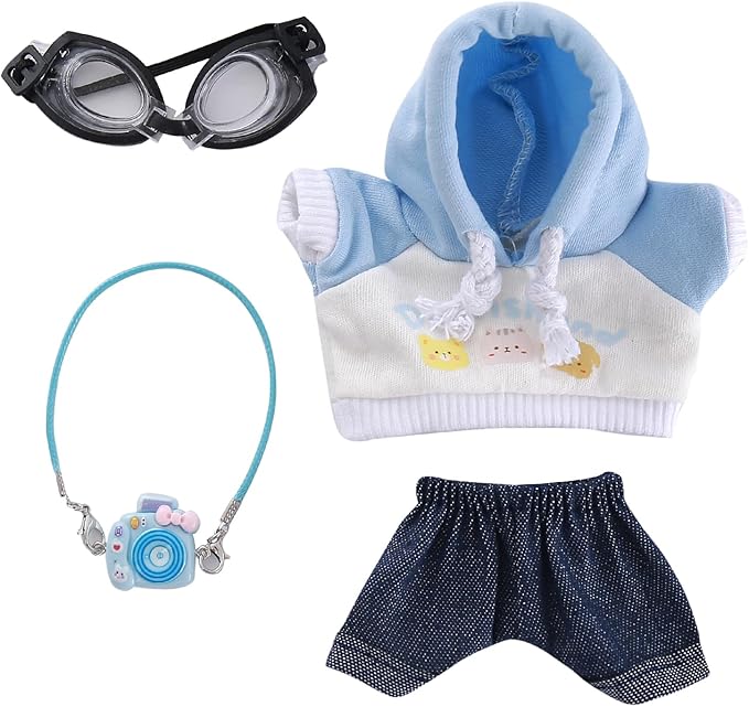 Clothes for Doll 4-Piece 17cm Doll Outfit with Blue Hoodie, Jeans, Glasses & Mini Backpack Clothes Only