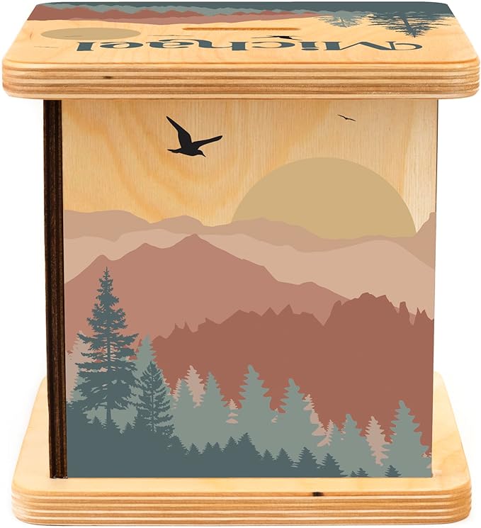 Wooden Piggy Bank for Kids and Adults, Personalized Gift Handmade in USA by BloomOwl, Custom Piggy Bank, Personalized Banks for Kids, Gifts for Baby Boys and Girls (Mountains)