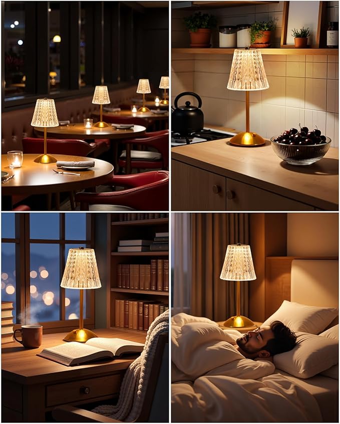 Cordless Touch Table Lamp, 3500mAh LED Rechargeable Small Dask Lamp, 3 Colors Dimmable Battery Operated Crysta Lamp for Bedroom Restaurant Kitchen Home Decor, Gold, 2pcs