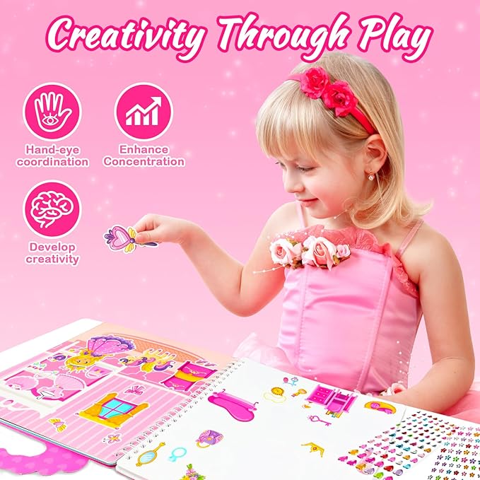 ZMLM Princess & Unicorns Art Crafts for Kids Toddler, 3-in-1 DIY Creative Sticker Coloring Activity Book for Ages 3 4 5 6 7 8 Year Old Girls Birthday Gifts Toys Game Travel Essentials Kit