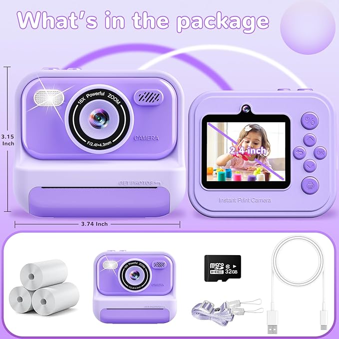 Kids Instant Print Camera with 2.4 Inch Screen, Christmas Birthday Gifts for Girls Age 3-12, 1080P Digital Camera, Portable Toddler Travel Toy for 3 4 5 6 7 8 9 10 Year Old Girls, Purple