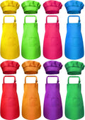 8 Set Kids Apron and Chef Hat Set Kids Apron with 2 Pockets Adjustable for Boys Girl's Cooking Baking Painting (Multi-Color,S for 2-6 Age)