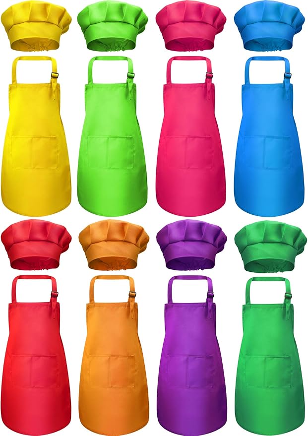 8 Set Kids Apron and Chef Hat Set Kids Apron with 2 Pockets Adjustable for Boys Girl's Cooking Baking Painting (Multi-Color,S for 2-6 Age)