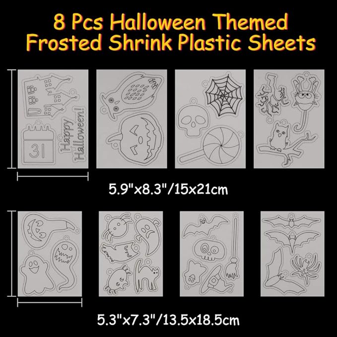 Auihiay 145 Pieces Halloween Heat Shrink Plastic Sheet Kit Include 8 Shrink Paper with Halloween Patterns, 4 Blank Shrink Film Papers, Hole Punch, Keychains, Pencils for Kids DIY Creative Craft