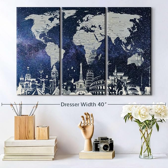 ElephantStock Starry World Map Multi Piece Canvas - 3 Panel Wall Decor - Map of the World Art - Canvas for the Office and Home - 33" X 20"