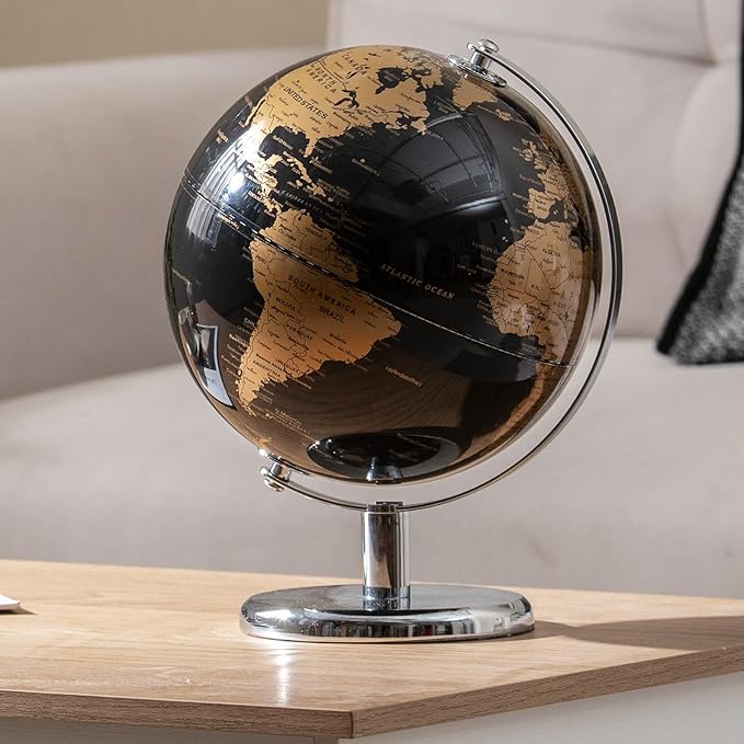 Goplus 8-Inch Metallic Black World Globe, Rotating Earth Globe w/Metal Stand, Modern Desktop Decoration for Home, Office (Black + Gold)