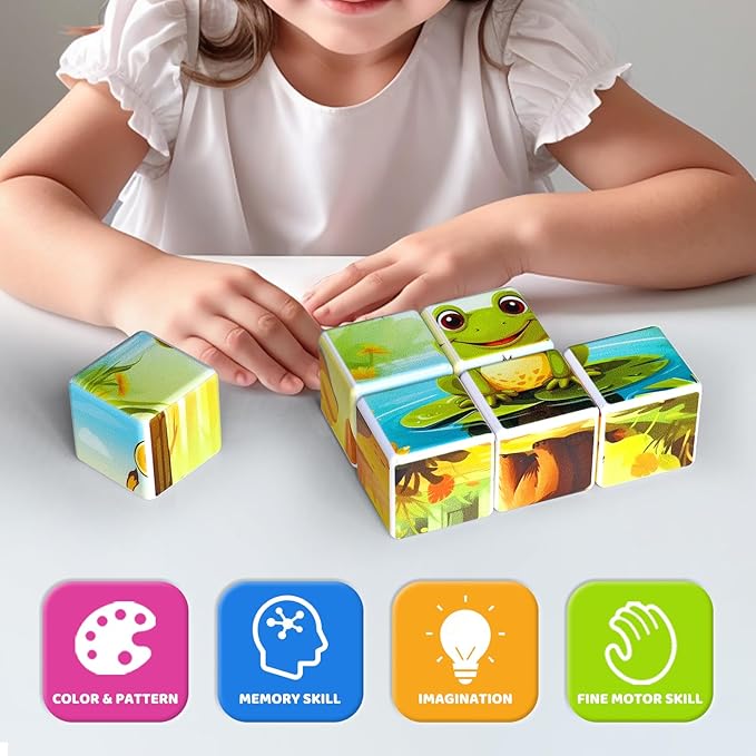 3D Magnetic Cubic Jigsaw Puzzle Toys for Toddlers, Large Building Blocks Cubes 1.65 Inches, Sensory & Montessori Toys for Kids 3-5