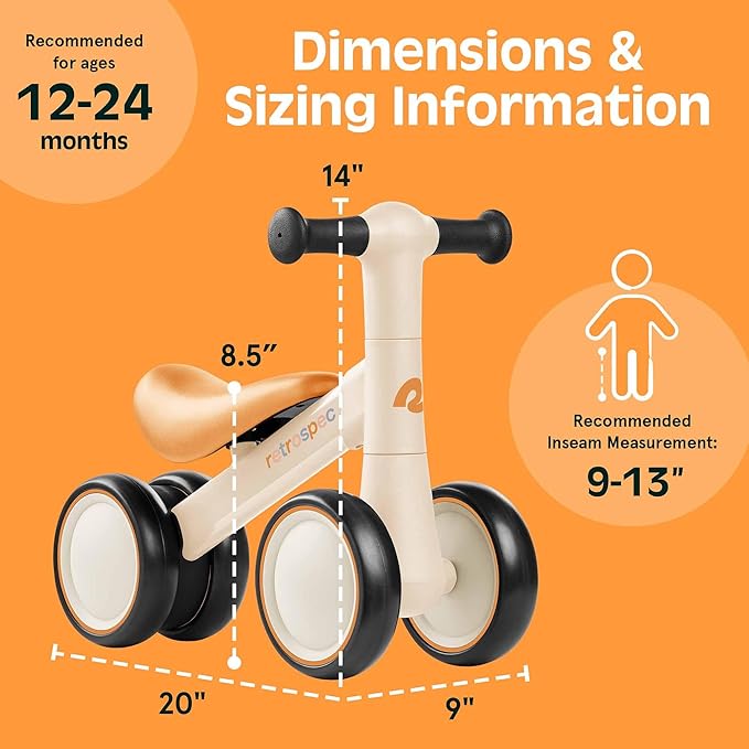 Retrospec Cricket 2 Baby Walker Balance Bike with 4 Wheels - Safe Learning Toy for Ages 12-24 Months - Scratch-Resistant Indoor Outdoor Toddler Riding Toy with Steering Limit & Soft Grips