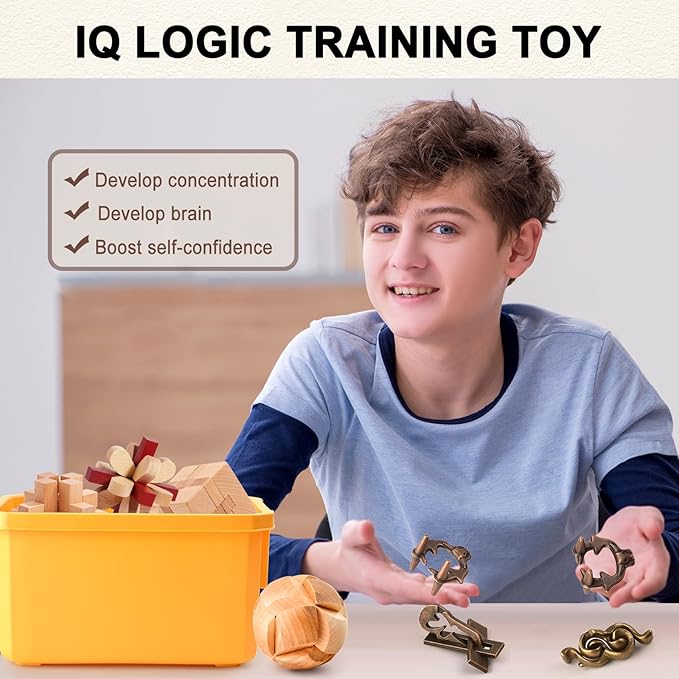 Metal Brain Teaser Puzzles Ring Puzzles Metal Wooden Brain Teaser Puzzle 16pcs Logic Metal Puzzle for Adult Kid Toy Lock Puzzles Gift for Adults Teenagers Kids