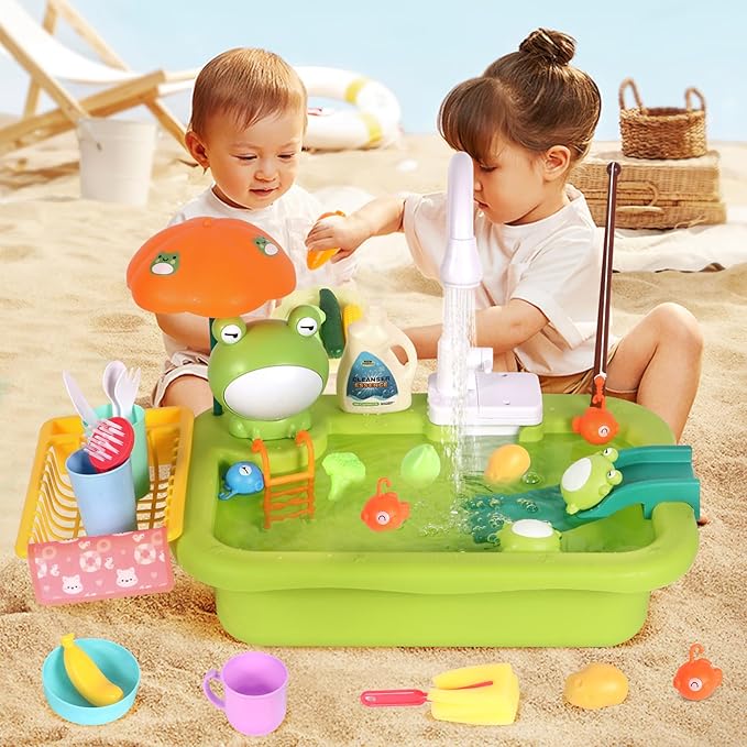 Play Sink with Running Water, Kitchen Sink Toy with Functional Faucet, Play Food and Kitchen Accessories, Floating Fishing Water Toy for Toddler, Pretend Play Dishwasher for Kids
