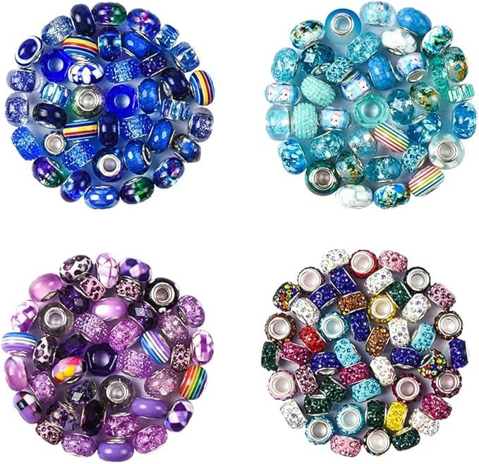 Aipridy Assortment European Large Hole Beads Spacer Beads Rhinestone Craft Beads for DIY Charms Bracelet Jewelry Making (Purple-Lake Blue-Blue)