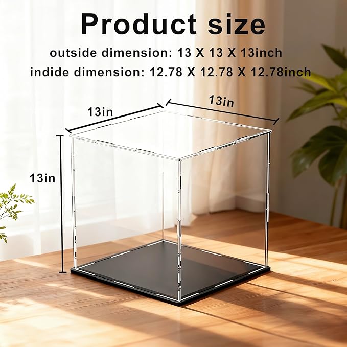 Large Acrylic Display Case for Figures, Clear Acrylic Box with Black Base for showcaseing Miniature, Toys, Collectables and Dolls 13 (L) × 13 (W) × 13 (H) inch