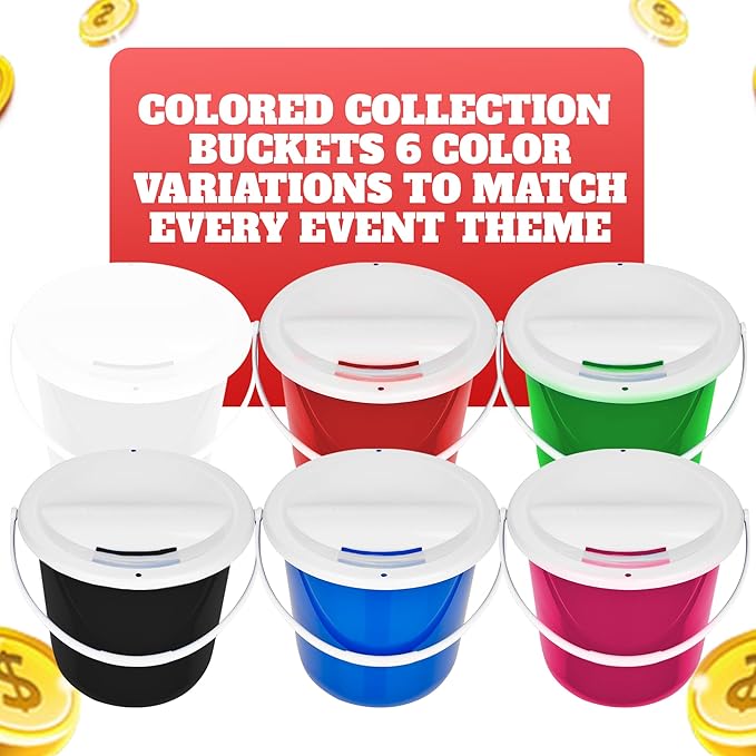 Plastic Street Charity Donation Can Coin Collection Bucket with 2 Security Stickers(Red, 4 Pack)