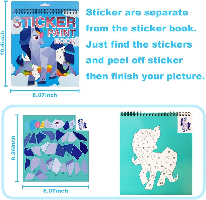 2 Pack Sticker Book Crafts for Kids Ages 4-8 Sticker Paint Books Boys and Girls Birthday Gifts Party Favor, Travel Activity Book Set for Learning (Dinosaur+Horse)
