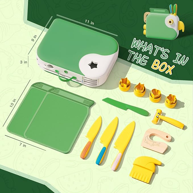 Montessori Kitchen Tools for Toddlers,Kids Knife for Real Cooking,Toddlers Knife Set with Storage Box Kids Safe Knives Children Cutting Set for Girl Boy,Montessori Toys for Kitchen Set -Green