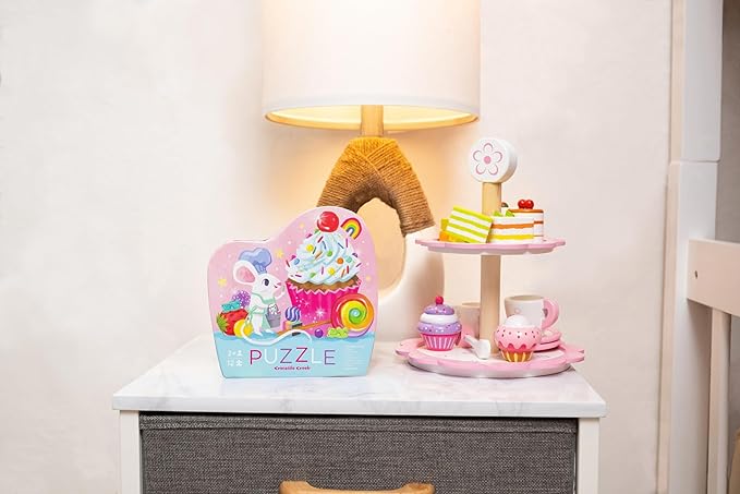 Crocodile Creek 12-Piece Mini Jigsaw Puzzle - Fun Floor Puzzles for Kids Ages 2-4 and Up - Heavy-Duty Shaped Box for Storage - Celebration with Birthday Cupcake and Mouse - 12" x 9" Finished