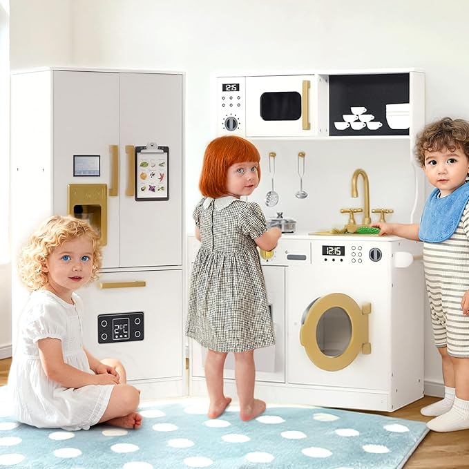 Kinder King Wooden Kids Play Kitchen, Toy Kitchen Playset for Toddler, Play Kitchen Set w/Transparent Coloring Board, Pretend Fridge, Washing Machine, Ice Maker, Gift for Boys Girls Age 3+, White