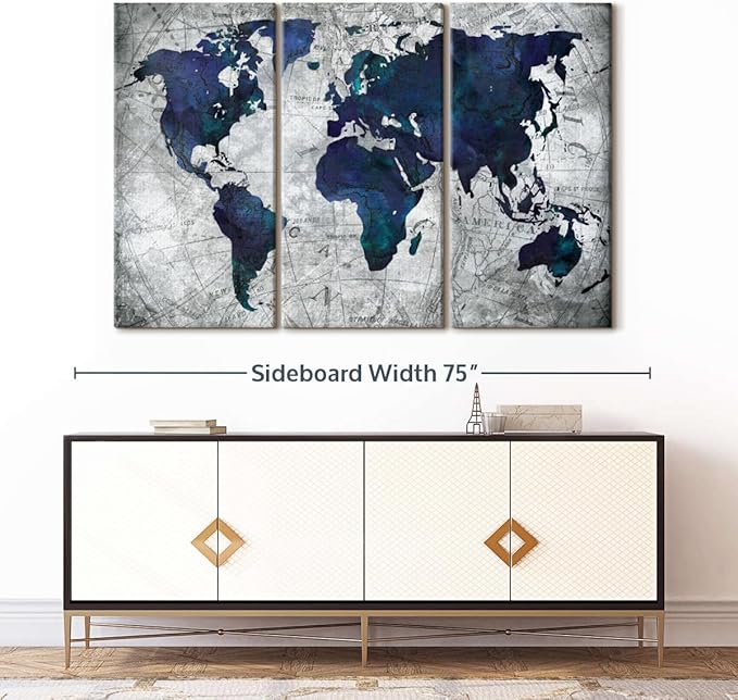 ElephantStock Deep Blue World Map Multi Piece Canvas - 3 Panel Wall Decor - Map of the World Art - Canvas for the Office and Home - 65" X 42"