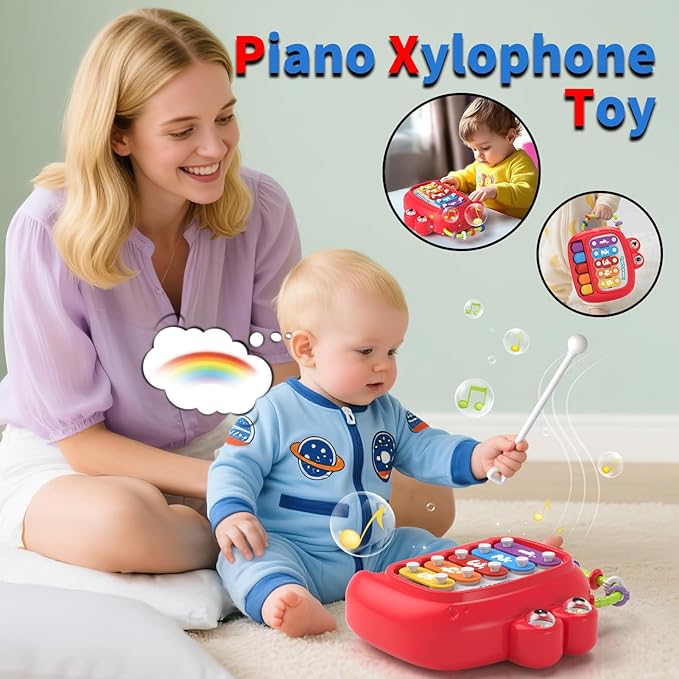 4 in 1 Baby Toys for 6 to 12 to 18 Months, Infant Sensory & Stacking for 1+ Year Old, Busy Cube Toys for Babies 6 - 12 Months, Piano Xylophone Musical Travel Toys, Christmas Birthday Gifts for 1 - 2