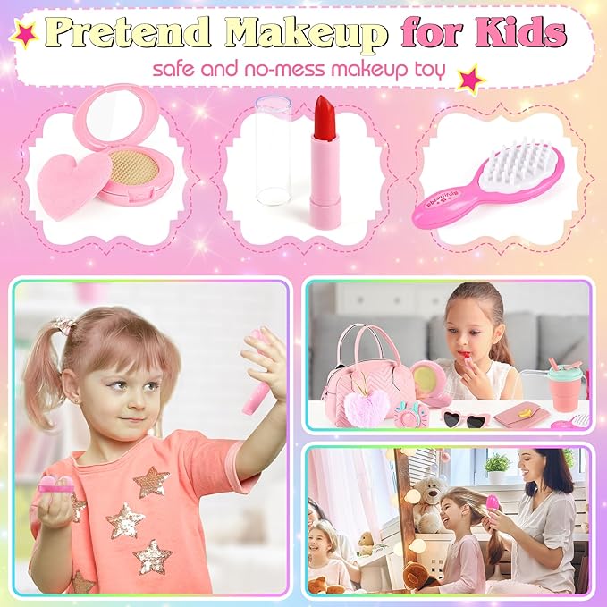Play Purse for Little Girls Toddler, 35PCS Toddler Purse with Pretend Makeup for Kids, Girl Toys Princess Toy Includes Handbag, Phone, Kids Toy Purse Christmas Birthday Gift for Girls 3 4 5 6 7 8+