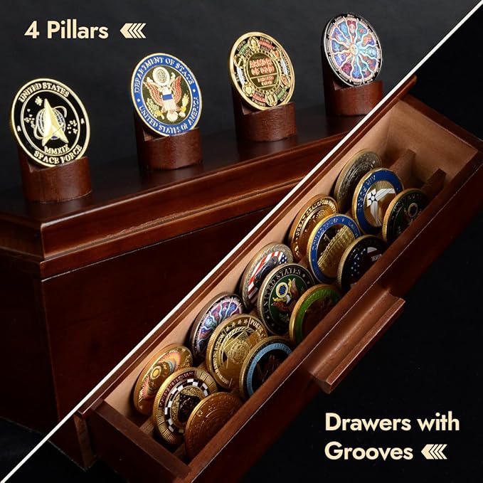 Challenge Coin Display Case, Military Coin Collection Holder with Wooden Coin Box, Drawers, and Clear Acrylic Lid – Gifts for Coins Collectors (4 Pillars)