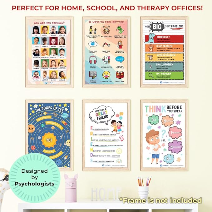 6 Laminated Feelings Posters for Kids - English & Spanish - Calm Down Corner Supplies - Therapy & School Counselor Supplies - Emotions Posters for Home and Calming Corner Classroom