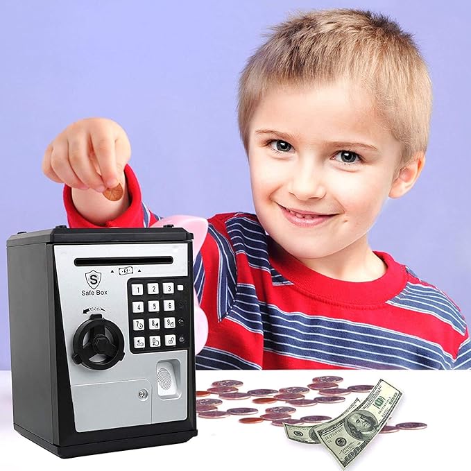 Toy Safe Box, Electronic ATM Piggy Bank, Money Coin Savings Bank, Finger Print Scanner Lock, Great Gift for Children Kids (Silver/Black)