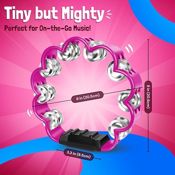 Flexzion Flower Tambourine - 8 Inch Handheld Percussion Instrument w/Metal Jingles & Ergonomic Grip - Small Tambourines for Adults, Kids, Church, Parties, & Musical Events (2 Pack - Blue & Pink)