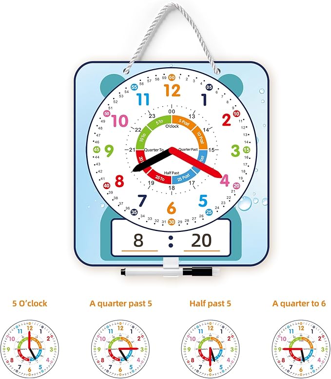 2 Pack Magnetic Writable Dry Erase Teaching Clock with Pen, Large 12" Teaching Demonstration Clock for Kids Learning Time with Cute Style for Home School Classroom Supplies(12" x 11")