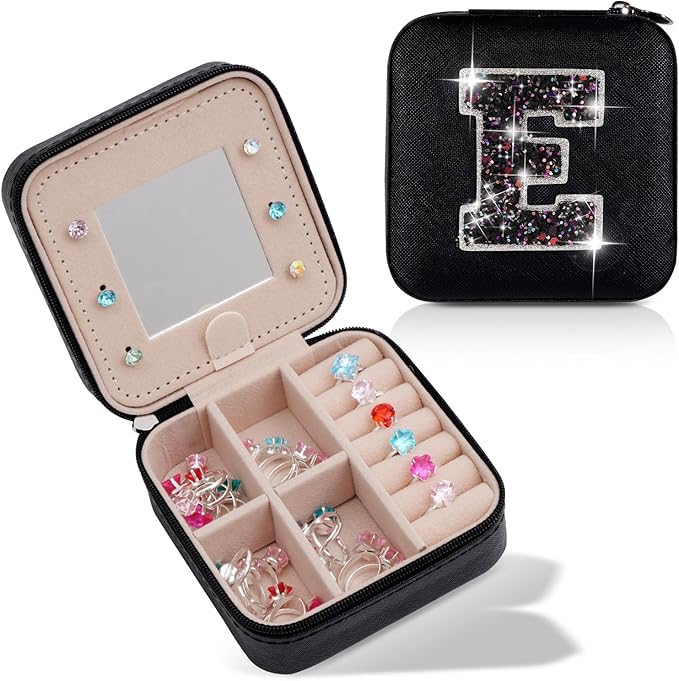 Travel Essentials for Women - Travel Accessories Travel Stuff,Mini Jewelry Organizer Jewelry Case for Traveling,Cute Personalized Jewelry Box,Birthday Gifts for Girls Women | Black,E