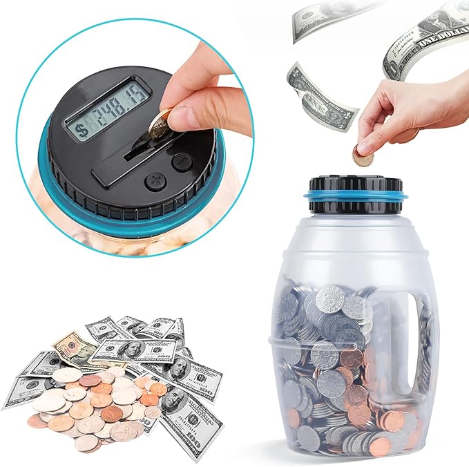 X-Large Piggy Bank for Boys Adults, Vcertcpl Digital Coin Counting Bank with LCD Counter, 2.8L Capacity Coin Bank Money Jar for Adults, Designed for All US Coins (Blue, X-Large)