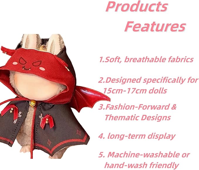 Doll Clothes for 17cm Figures,Little Devil Costume Set with Hooded Cloak and Wings, Black and red