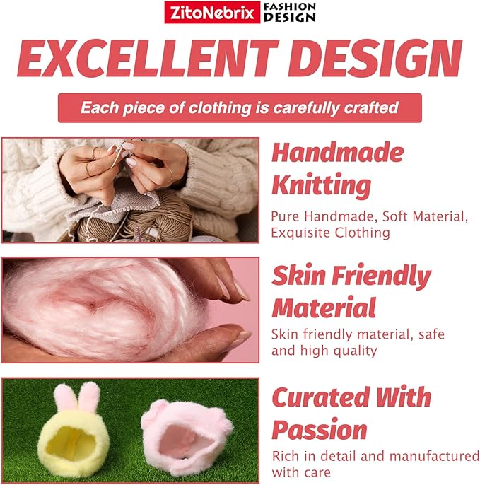 2 Sets of Clothes for Doll, 4 Pcs Accessories for 17cm & 15cm Outfits (No Doll), Double Joy Twin Pack - Small Pink Pig Head Cover + Pink bib, + Milk Powder Rabbit Head Cover + Yellow bib